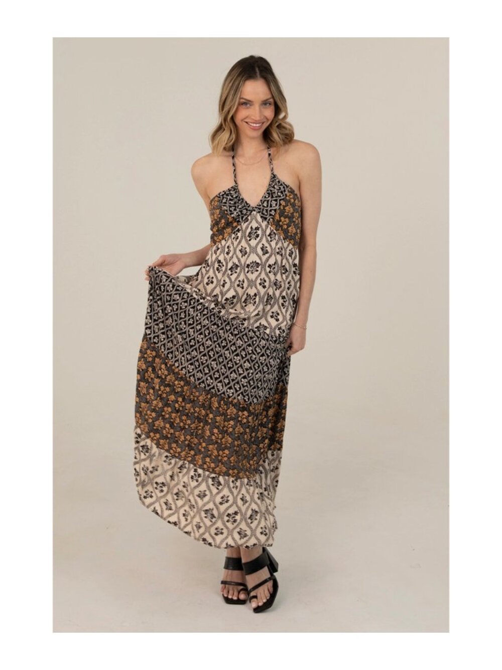 Angie Mix Print Halter Maxi Dress | V‑Neck | Boho Patchwork | 100% Rayon